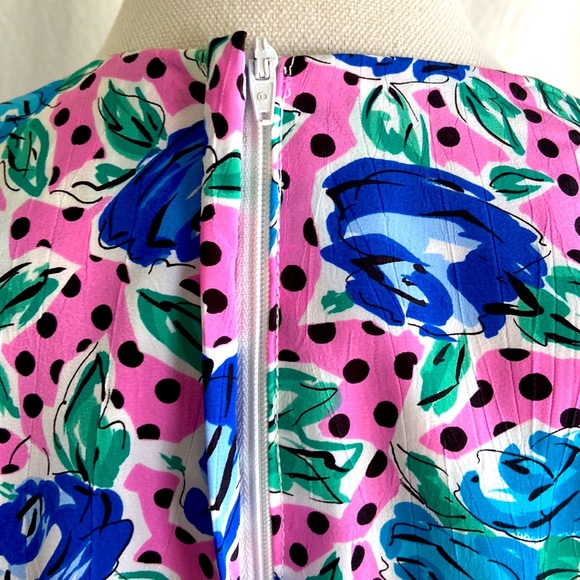 Vintage 1980s Pink Polka Dot Floral Cocktail Dress Sz 10 - Picture 9 of 12